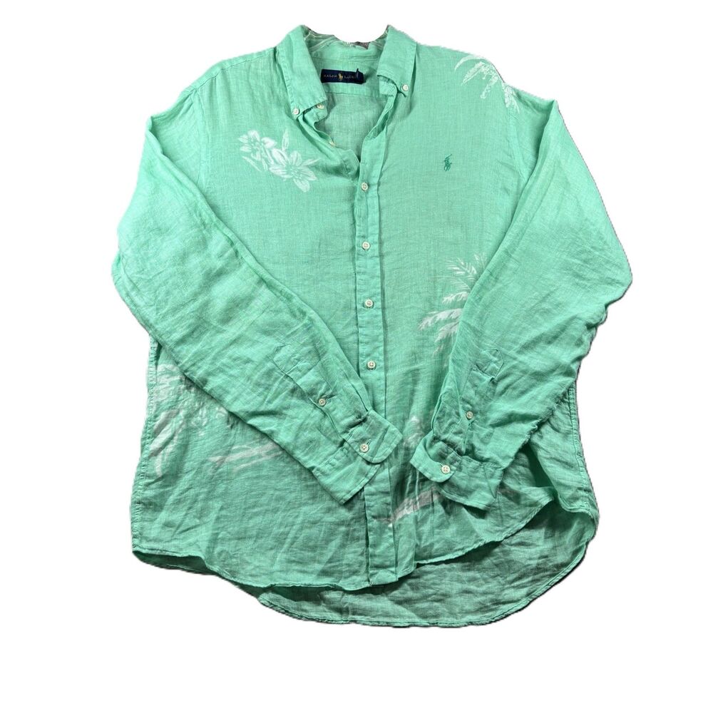 Ralph Lauren Men Linen Button Down Shirt Tropical Palm Print Green Large M296
